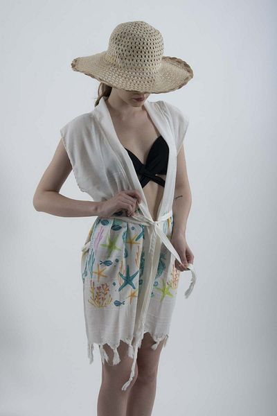 REİNA TEKS Beach Vest Pareo Belted Beachwear Peshtemal Undersea Patterned Beach Bathrobe 1 Piece