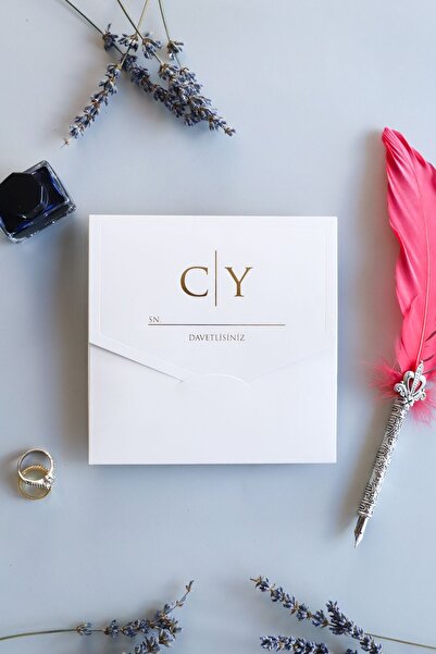 Pixel Davetiye Krem Kapaklı Yaldızlı Davetiye - 50 Adet - Düğün - Nişan - Kına - Sünnet - Nikah Davetiyesi - 8744