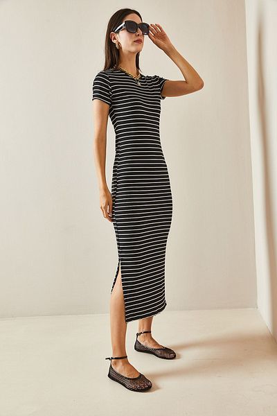 XHAN Striped Black Maxi Dress - Crew Neck 5YXK6-48676-02