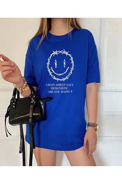 oneagılyazı تي شيرت كبير الحجم مطبوع عليه وجه - سلك مبتسم