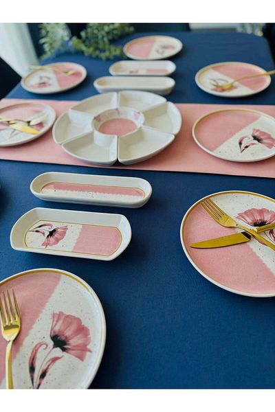 VENÜS HOME DECORATION 8 Person Poppy Model Breakfast Set - 19 Pieces (Pink)