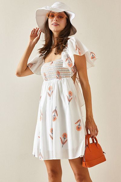 XHAN Rochie albă cu imprimeu floral, cu mânecă balon și gheare - 5YXK6-48713-01