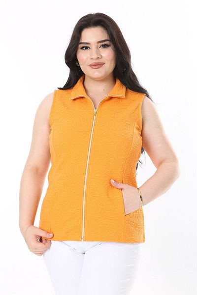 Şans Orange Embossed Pattern Large Size Vest - Front Zip 65N38051