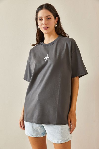 XHAN Crew Neck Anthracite Oversize T-Shirt - Written - 5YXK1-48701-36