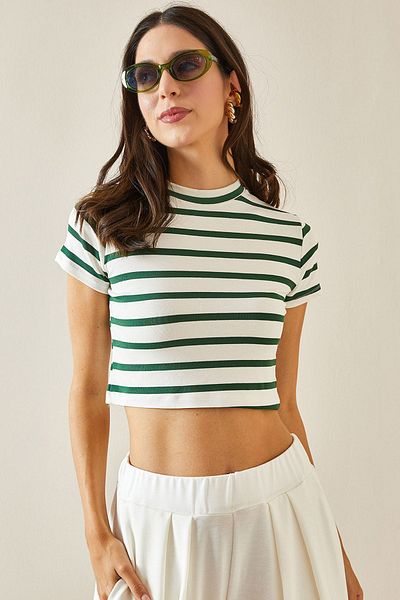 XHAN Crew Neck Green Striped Crop T-Shirt - 5YXK1-48698-08
