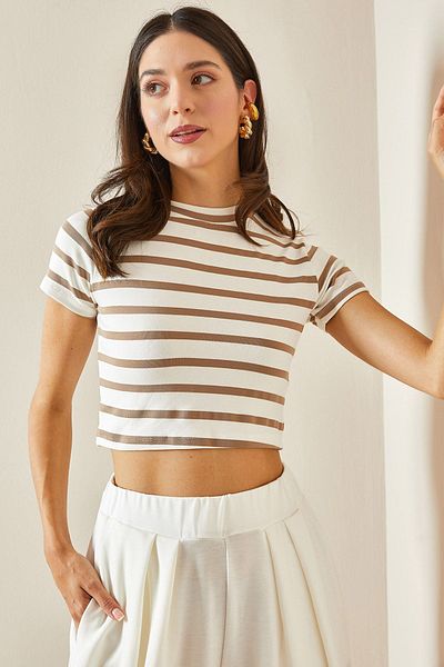XHAN Beige Striped Crew Neck Crop T-Shirt - 5YXK1-48698-25