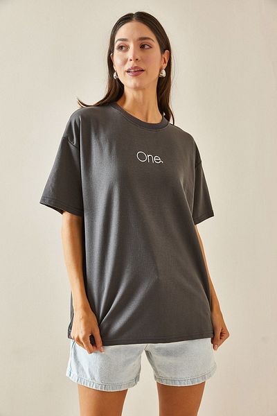 XHAN Crew Neck Anthracite Oversize T-Shirt - Written - 5YXK1-48703-36
