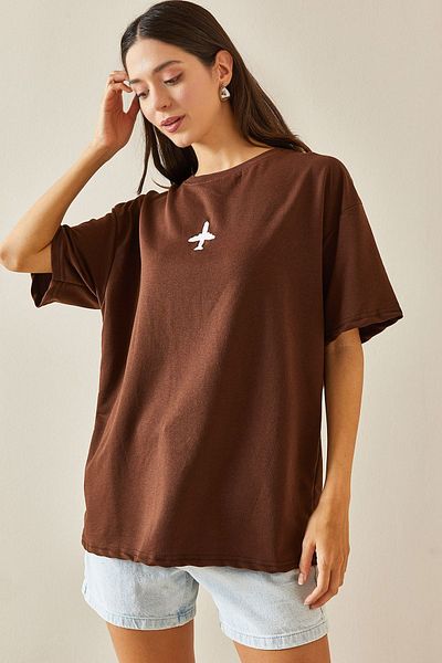 XHAN Crew Neck Brown Oversize T-Shirt - Printed 5YXK1-48701-18