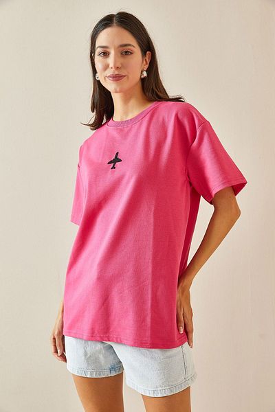 XHAN Fuchsia Oversize Crew Neck Written T-Shirt - 5YXK1-48701-07