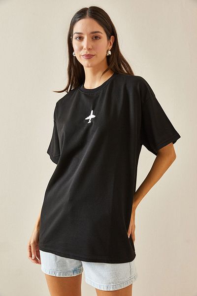 XHAN Written Black Oversize T-shirt - Crew Neck 5YXK1-48701-02
