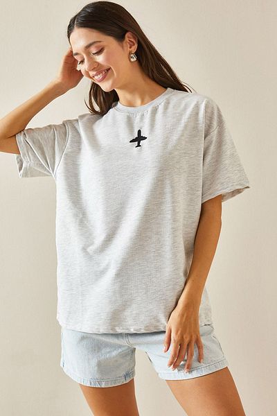 XHAN Written Gray Oversize Crew Neck T-Shirt - 5YXK1-48701-03
