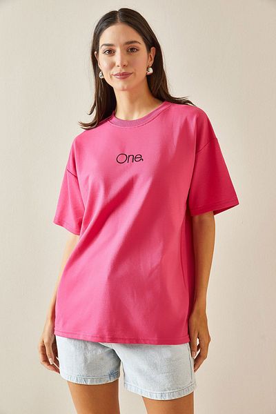 XHAN Fuchsia Oversize Crew Neck Written T-Shirt - 5YXK1-48703-07