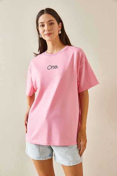 XHAN Printed Pink Oversize T-shirt - Crew Neck 5YXK1-48703-20