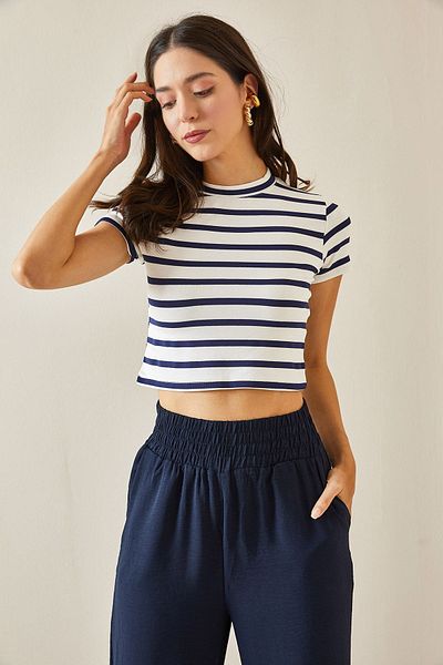 XHAN Navy Blue Striped Crew Neck Crop T-Shirt - 5YXK1-48698-14