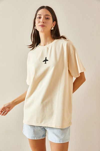 XHAN Beige Oversize Crew Neck Written T-Shirt - 5YXK1-48701-25