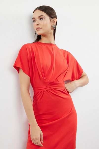 Trendyol Collection Piros Midi kötött ceruza ruha - 100% pamut, hasított és nyakkendő részletes TWOSS21EL0404