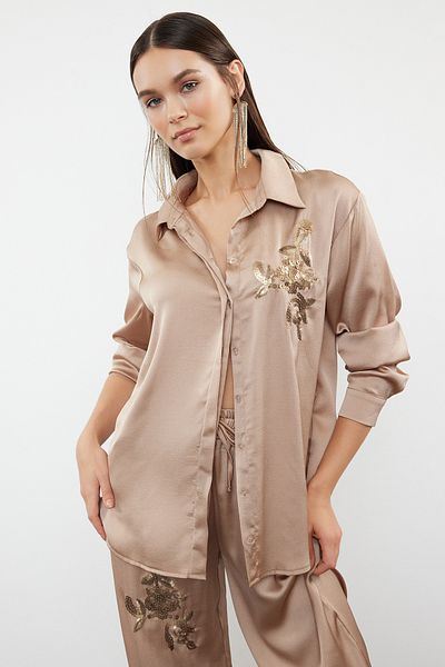 Trendyol Collection Satin Woven Mink Sequined Top and Bottom Set - TPRSS24AU00004