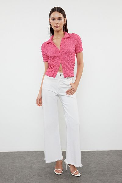 Trendyol Collection Ευέλικτη φούξια πλεκτή μπλούζα - κοντό μανίκι, εφαρμοστό TWOSS24BZ00429