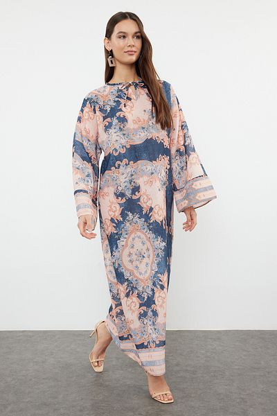 Trendyol Modest Powder Linen Look Woven Ethnic Print Dress Tctss24Eb00224