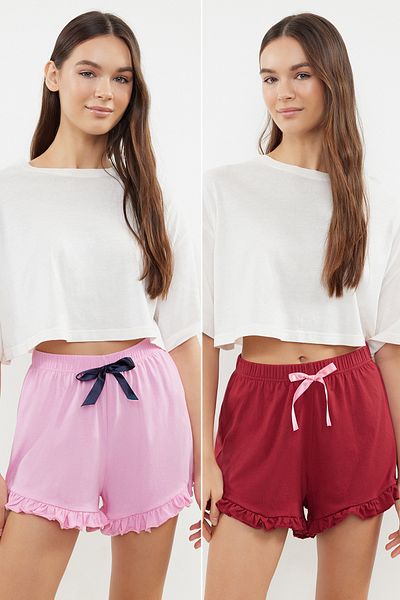 Trendyol Collection Ροζ-μπορντό 2 συσκευασιών βαμβακερό βολάν, πλεκτό πάτο πιτζάμα με λεπτομέρεια κορδέλας/φιόγκο THMSS24PJ00027