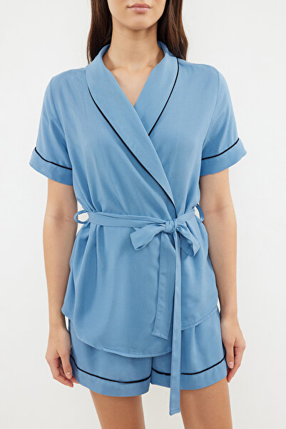 Trendyol Collection Woven Pajama Set with Blue Belted Piping Detail Viscose Shorts Thmss23Pt00203