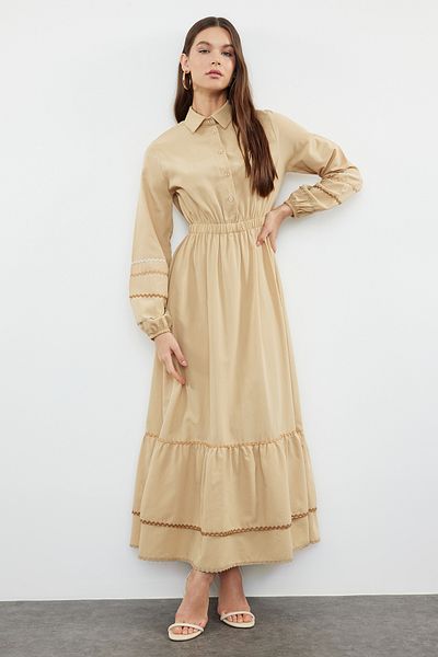 Trendyol Modest Dark Beige Stripe Detailed Half Placket Cotton Woven Dress TCTSS23EB00302