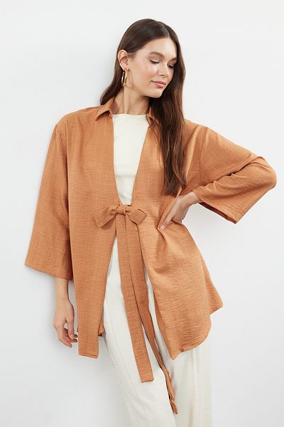 Trendyol Modest Linen Woven Look Camel Kimono - Front Tie TCTSS24KK00009