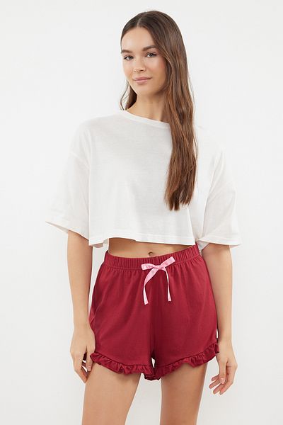 Trendyol Collection Ροζ-μπορντό 2 συσκευασιών βαμβακερό βολάν, πλεκτό πάτο πιτζάμα με λεπτομέρεια κορδέλας/φιόγκο THMSS24PJ00027