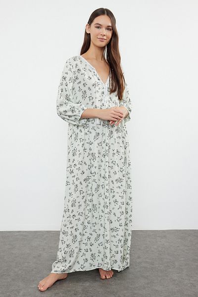 Trendyol Collection Green Viscose Nightgown - Multicolored Flower Pattern with Tie Detail THMSS24GC00039