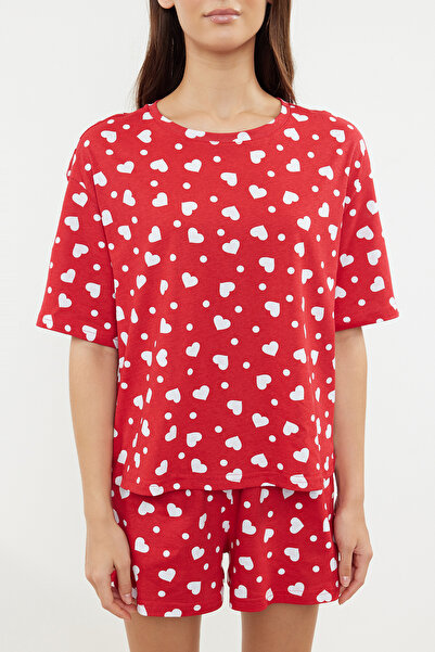 Trendyol Collection Szívmintás piros pamut rövidnadrág hálóruha szett - THMSS24PT00394