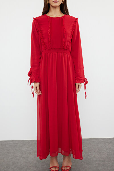 Trendyol Modest Szőtt sifon ruha - piros, fodros ujjú részlet, TCTSS24EB00251