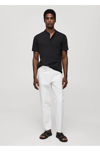 MANGO Man Bavlněná pique polokošile Mao Collar