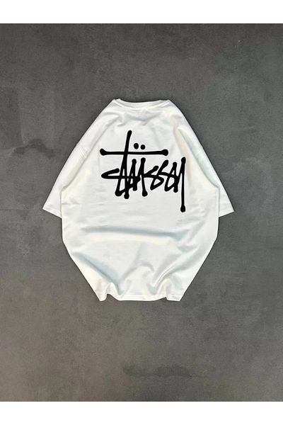 Moka Shopin Tricou alb unisex cu imprimeu supradimensionat cu gât crew