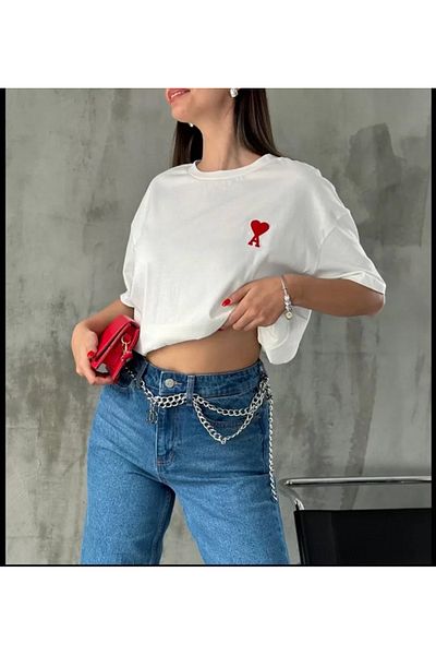Moka Shopin Tricou alb unisex cu imprimeu supradimensionat cu gât crew