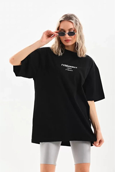 Butik Almina Unisex Baskılı Oversize T-Shirt - Siyah