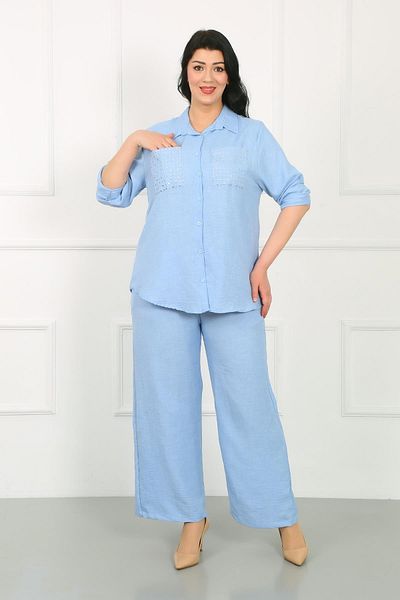 By Alba Collection Indigo Women's Large Size Soft Linen Trousers - Elastic Waist