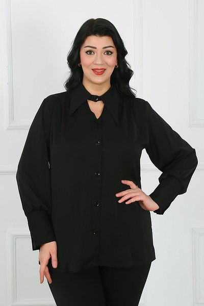 By Alba Collection Cămașă neagră de mărime Plus - țesătură Dubai, guler cu nasturi
