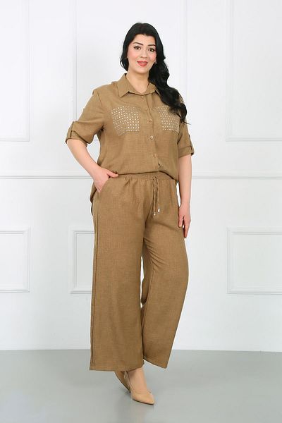 By Alba Collection Light Brown Soft Linen Plus Size Elastic Waist Trousers