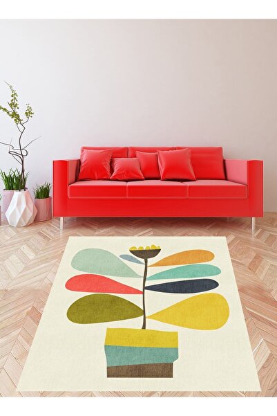 on the clouds Bohem Özel Tasarımlı Renkli Çiçek Desen Yıkanabilir Kaymaz Taba...