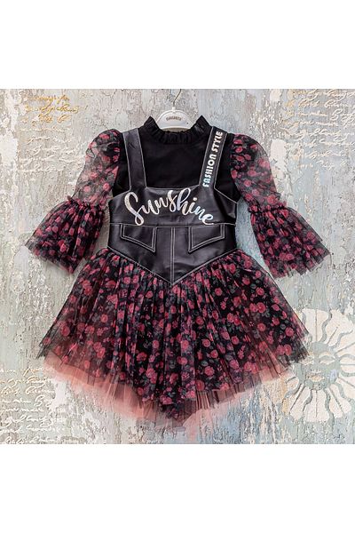 gold margarita SUNSHINE PRINTED LEATHER DETAILED TULLE GIRL DRESS