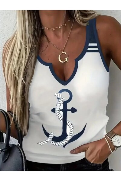 Modayakamoz Bluză de damă din jerseu cu imprimeu Anchor cu gâtul inimii