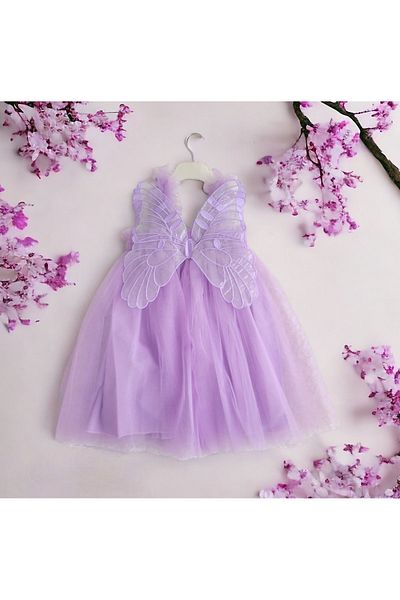 Şirin Şeyler Butiği Fairy Butterfly Girl's Purple Tulle Strap Butterfly Detailed Special Day Birthday Fairy Lilac Dress