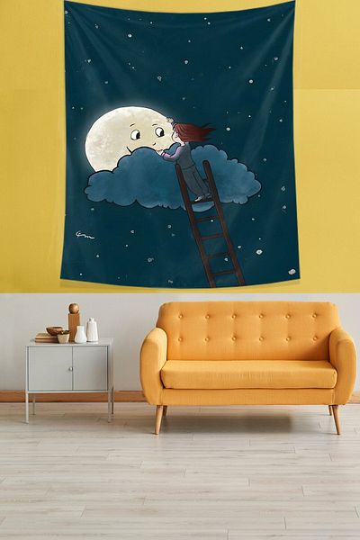 on the clouds Fată în cerul de noapte și luna Tapiserie de perete din țesătură rezistentă la pete