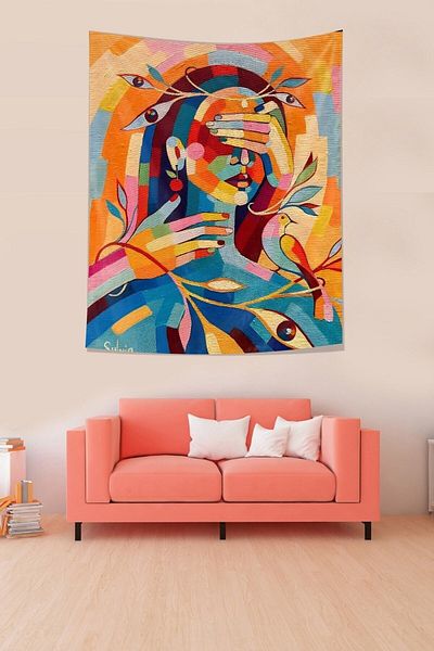 on the clouds Third Eye Mindfullnes Oil Painting Women Portrait Stain Resistant Fabric Wall Cloth Wall Carpet Tapestry