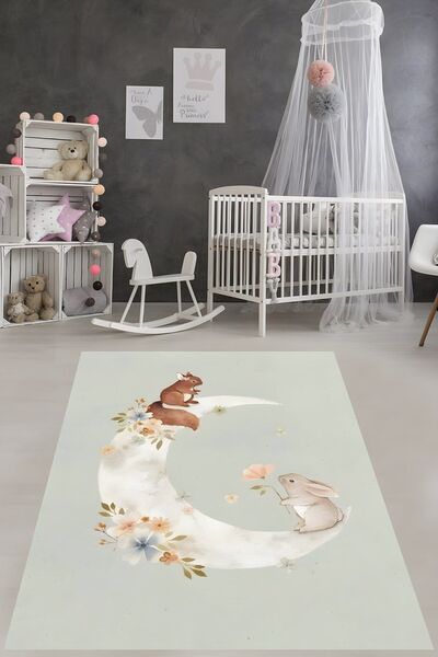 on the clouds Çiçek Desenli Ay Yıkanabilir Kaymaz Taban Leke Tutmaz Çocuk Oda...