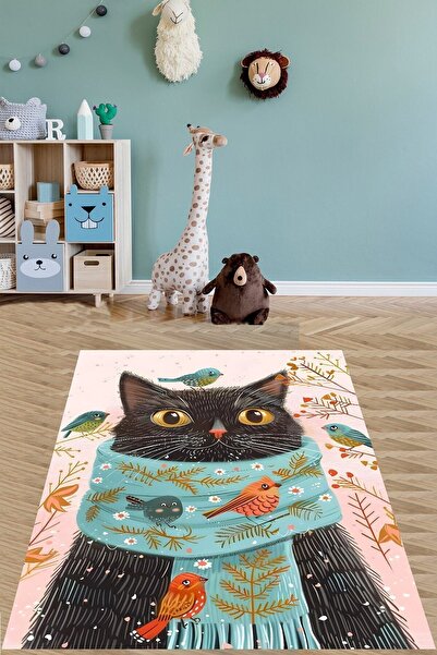 on the clouds Atkılı Kedi ve Serçe Kuşları Desenli Yıkanabilir Kaymaz Taban L...