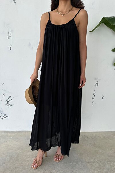 Ortaya Çık Wide Cut Black Flowing Strap Dress