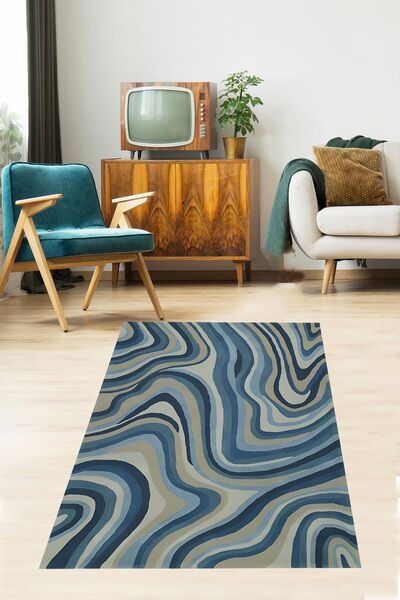 on the clouds Renk Bloklu Dalgalar Desenli Yıkanabilir Kaymaz Taban Leke Tutm...