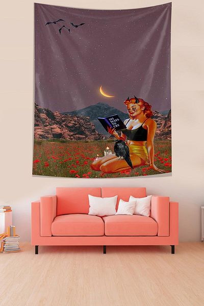 on the clouds Sad Girl Reading Books in Moonlight Stain-Proof Fabric Wall Cloth Wall Carpet Tapestry