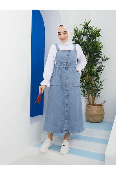 Pamuk Butik Women's Blue Dress Denim Salopet